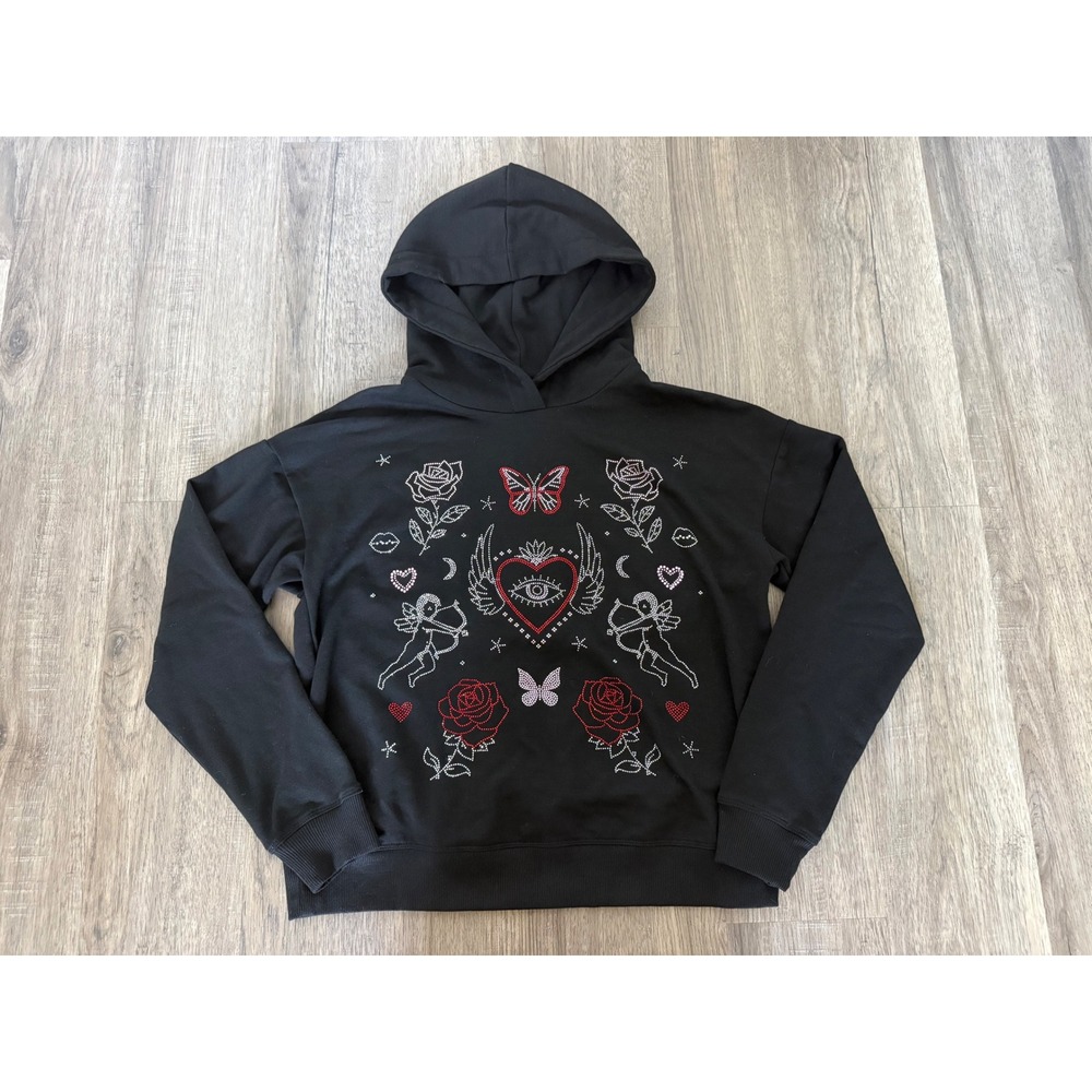 Marled Black Rhinestone Heart Cherub Butterfly Graphic Hoodie Sweatshirt Small